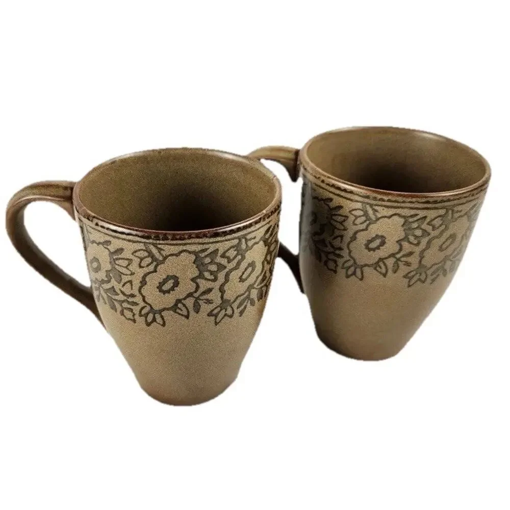 Pier 1 Stoneware Coffee Cups Mugs Brown Green Vintage Boho Floral Set Of 2‎